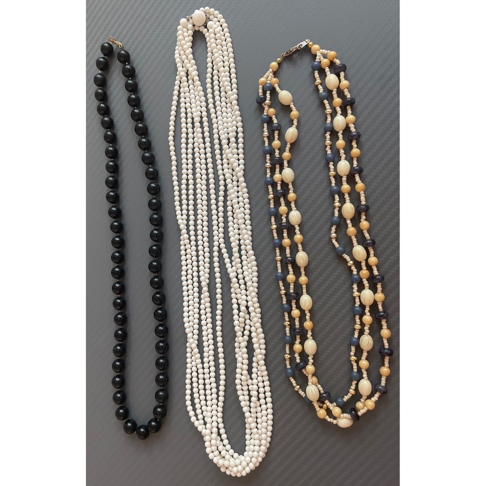 Vintage Lot Of 3 Mixed Jewelry Necklaces Gemstone Beads Black White